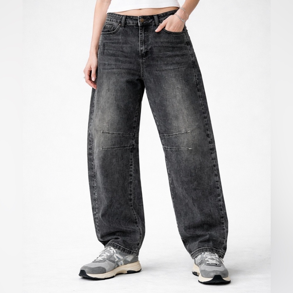 Mid Rise Barrel Jeans Women Wide Leg Cropped Denim Baggy Jeans Y2k Size 12 EUC